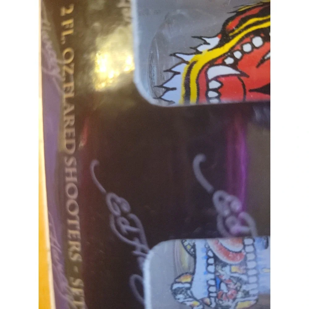 4 Don Ed Hardy Shot Glasses Bar Ware Skulls Tiger Koi Fish Boxed Set